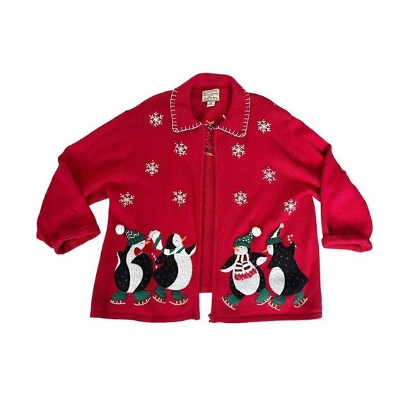 VTG Heirloom Collectibles Woman's Sz 22 / 24 Red Christmas Cardigan Penguins - Picture 9 of 10